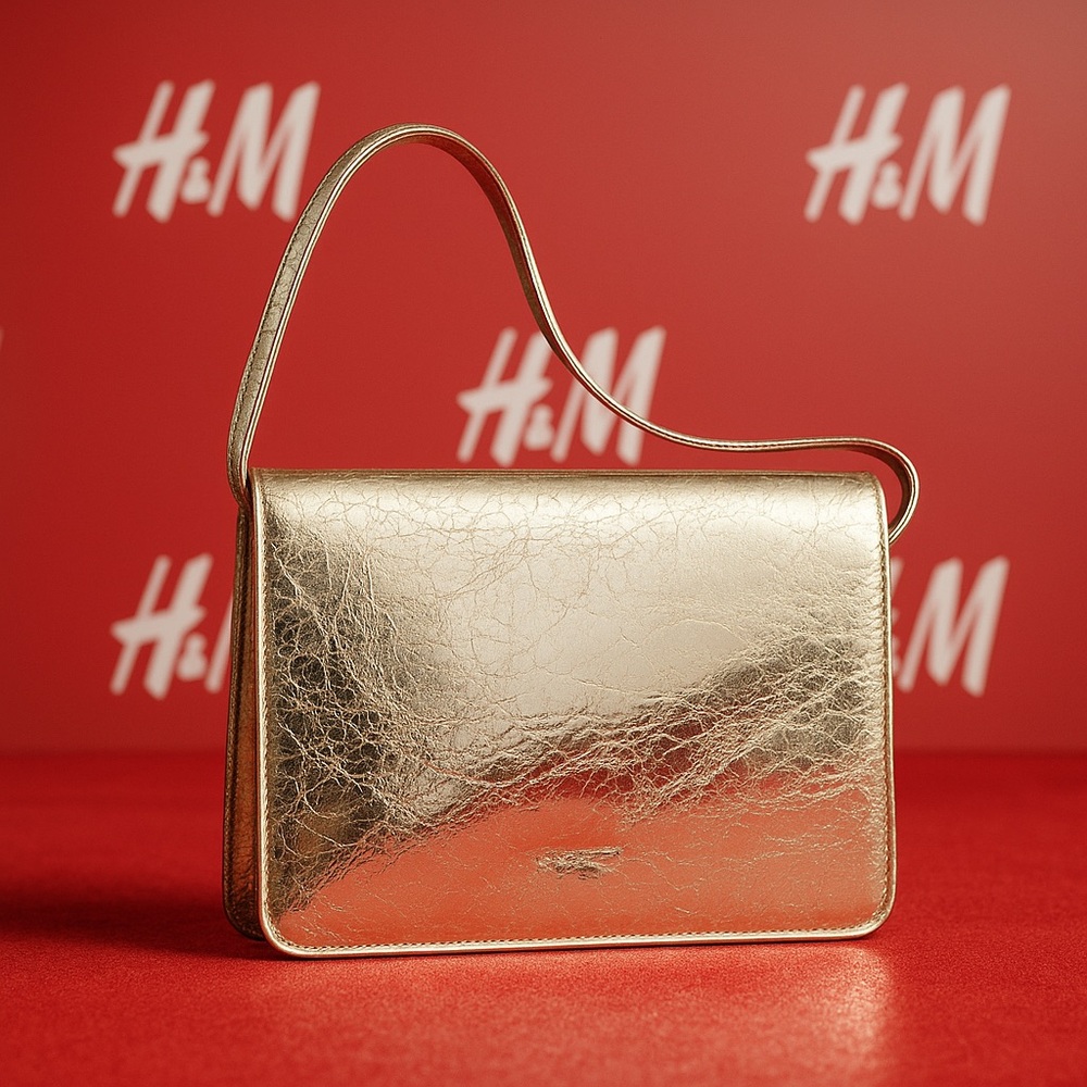 H&M Metallic Gold Crossbody – Cracked Faux Leather Party Bag